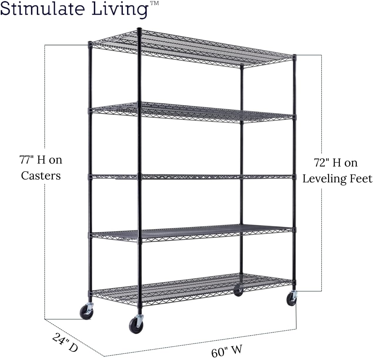 60"x24"x72" PRIME HEAVY DUTY Black 5-Tier Wire Shelving NSF 3000 LBS MAX Capacity Storage Rack for Commercial, School, Home, Garage, Warehouse, Industrial, and Hospital Uses (with Wheels) - NestledHome