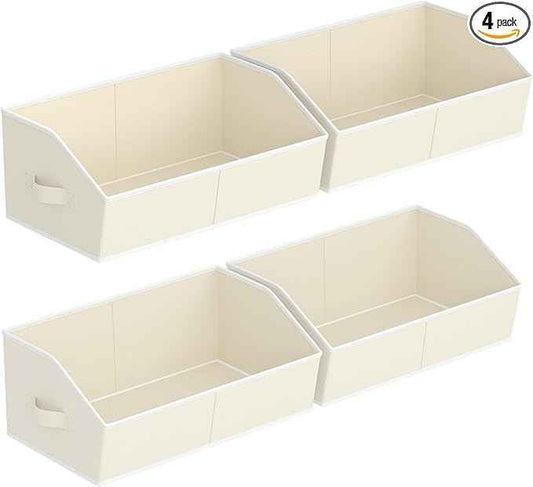 Storage Bins for Shelves - Large Trapezoid Closet Shelf Organizer, Fabric Organization Bins with Handles, Storage Baskets for Clothes, Towel, Purse, 4 Pack, Beige