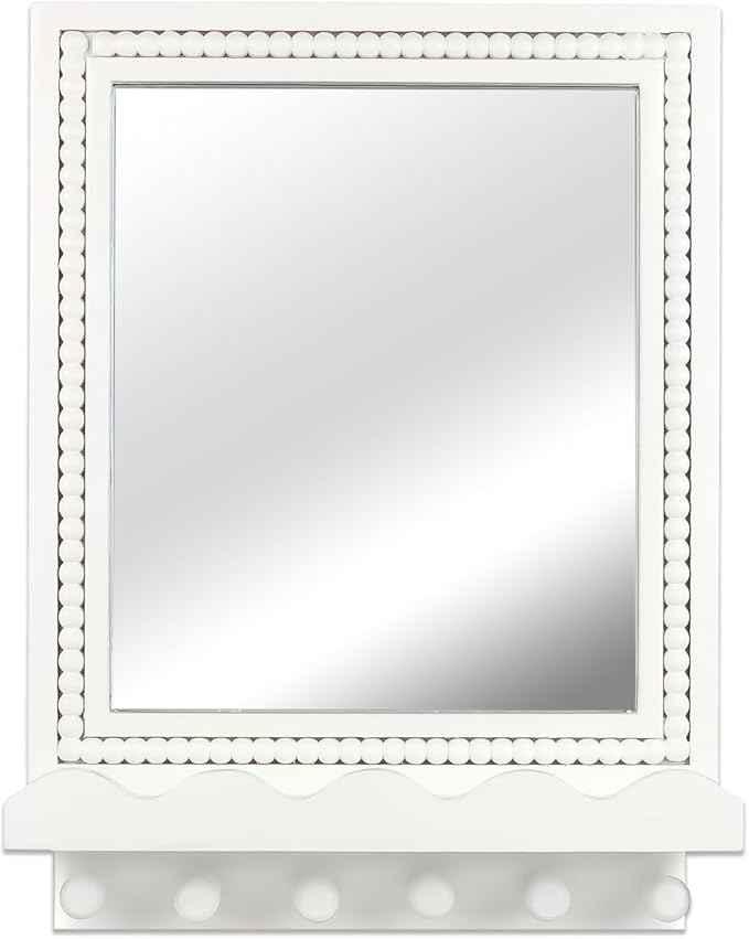 Tirzah 16x12 Inch Wall Mount Beaded Wood Framed Mirror with Shelf and 6 Hooks, White Decorative Entryway Mirror with Storage for Laundry Room, Bathroom, Bedroom