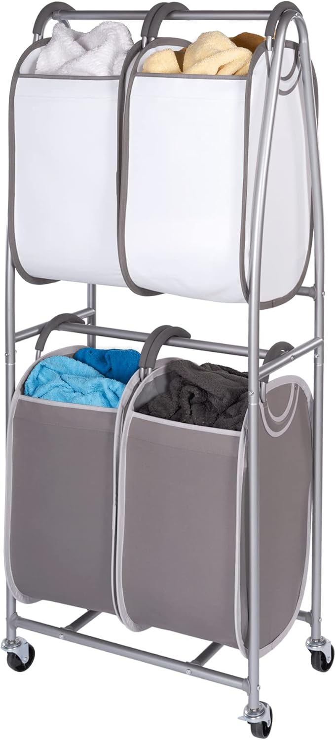 Neatfreak - 2 Tier Vertical Rolling Laundry Cart - Rolling Storage Cart On Wheels With 4 x Tote Hampers For Laundry, Towels, Blankets & Bathroom Organization - Quad Laundry Sorter - NestledHome