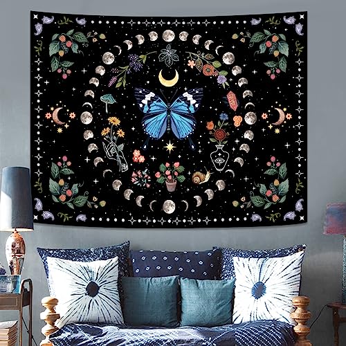Blue Butterfly Moon Flower Tapestry Botanical Boho Plant Floral Tapestry for Bedroom Aesthetic Hippie Vintage Tapestries Wall Hanging for Living Room Dorm