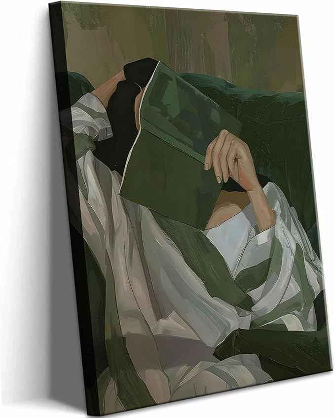 Emerald Green Reading Woman Canvas Wall Art Abstract Cozy People Wall Decor Pictures Minimalist Green Feminine Aesthetic Poster Print for Bedroom Living Room Home Decoration 16x24in