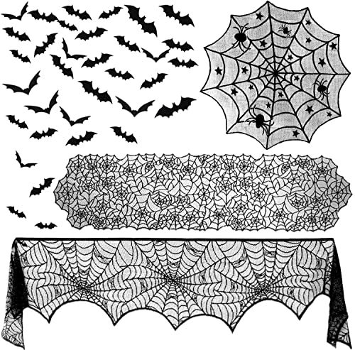 39 Pcs Halloween Decorations Set Black Lace Spiderweb Tablecloth