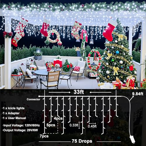 33ft Icicle Christmas Lights Outdoor 400LEDs 75 Drops White String Lights