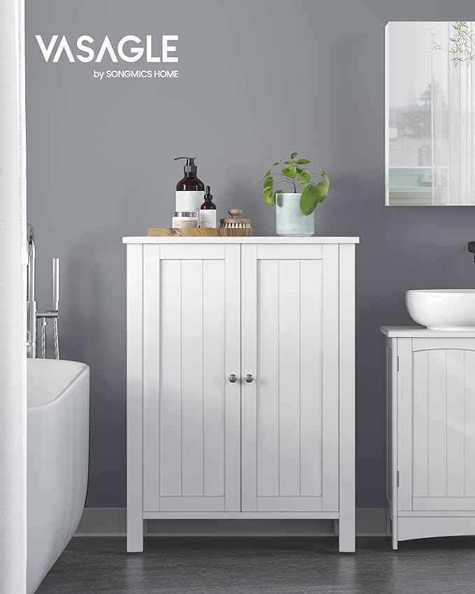 VASAGLE Floor Storage Cabinet, Freestanding Storage Unit with 2 Adjustable Shelves, for Bathroom Living Room Dining Kitchen, 11.8 x 23.6 x 31.5 Inches, Cloud White UBCB60WV1