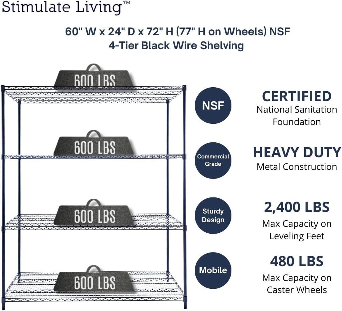 60"x24"x72" PRIME HEAVY DUTY Black 4-Tier Wire Shelving NSF 2400 LBS MAX Capacity Storage Rack for Commercial, School, Home, Garage, Warehouse, Industrial, and Hospital Uses (with Wheels) - NestledHome