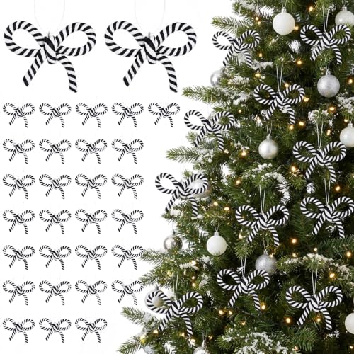 32 Pcs Black White Bow Candy Cane Hanging Ornaments Christmas Tree Decor (32 Count)