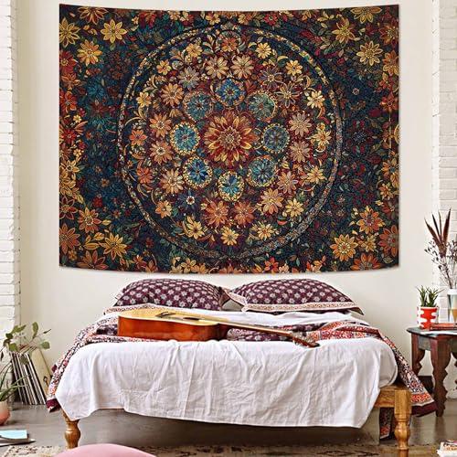 Boho Floral Mandala Tapestry Wall Hanging Vintage Bohemian Flower Medallion Tapestry Aesthetic Orange Stained Glass Hippie Small Tapestries for Bedroom Living Room Dorm Decor 48 x 36 Inch
