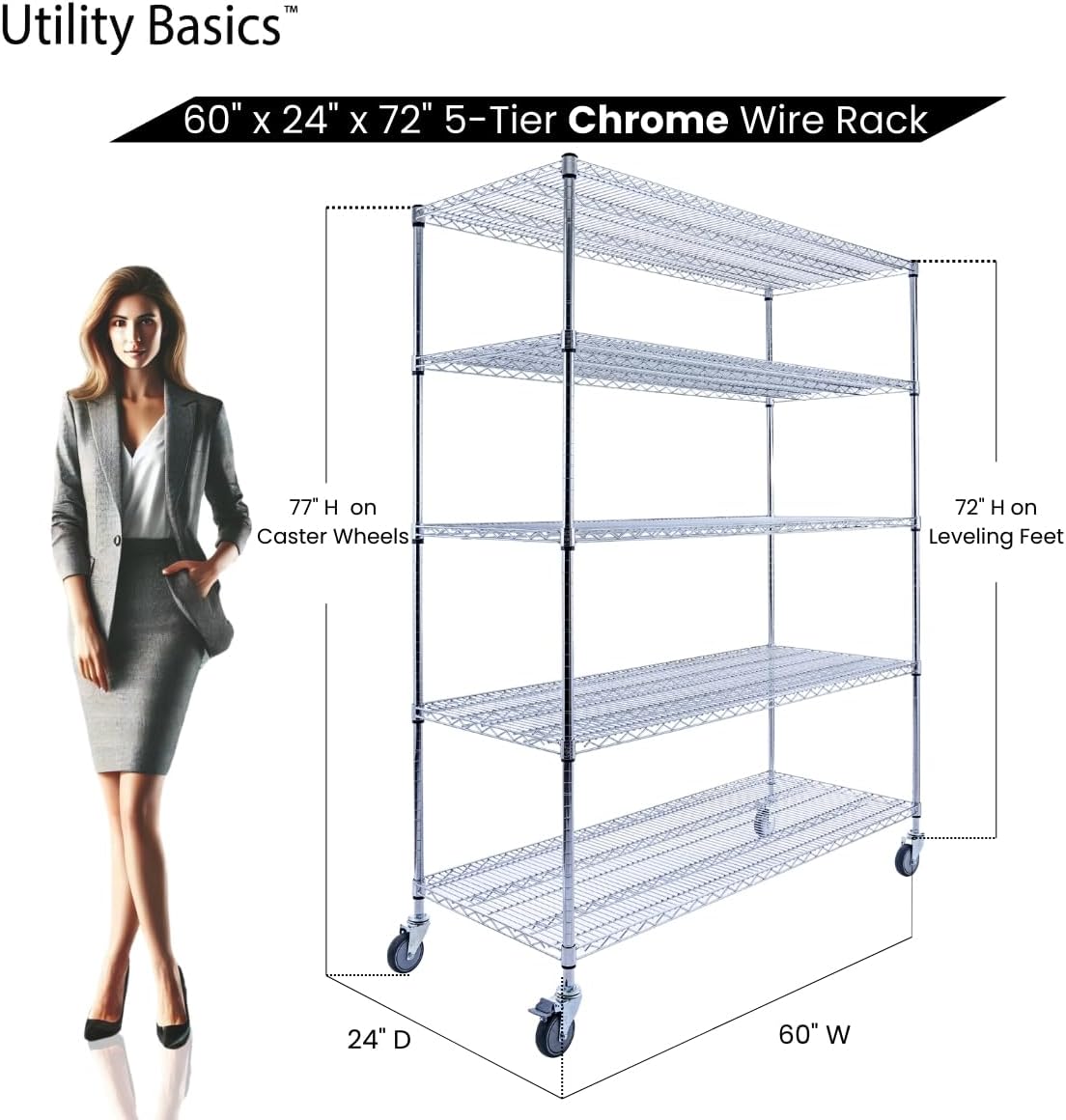 60"x24"x72" Chrome 5-Tier PREMIUM Wire Shelving NSF 4000 LBS MAX CAPACITY Heavy Duty Steel Storage Rack for Warehouses, Garages, Hospitals, Commercial Spaces, & Schools w/PREMIUM WHEELS - NestledHome