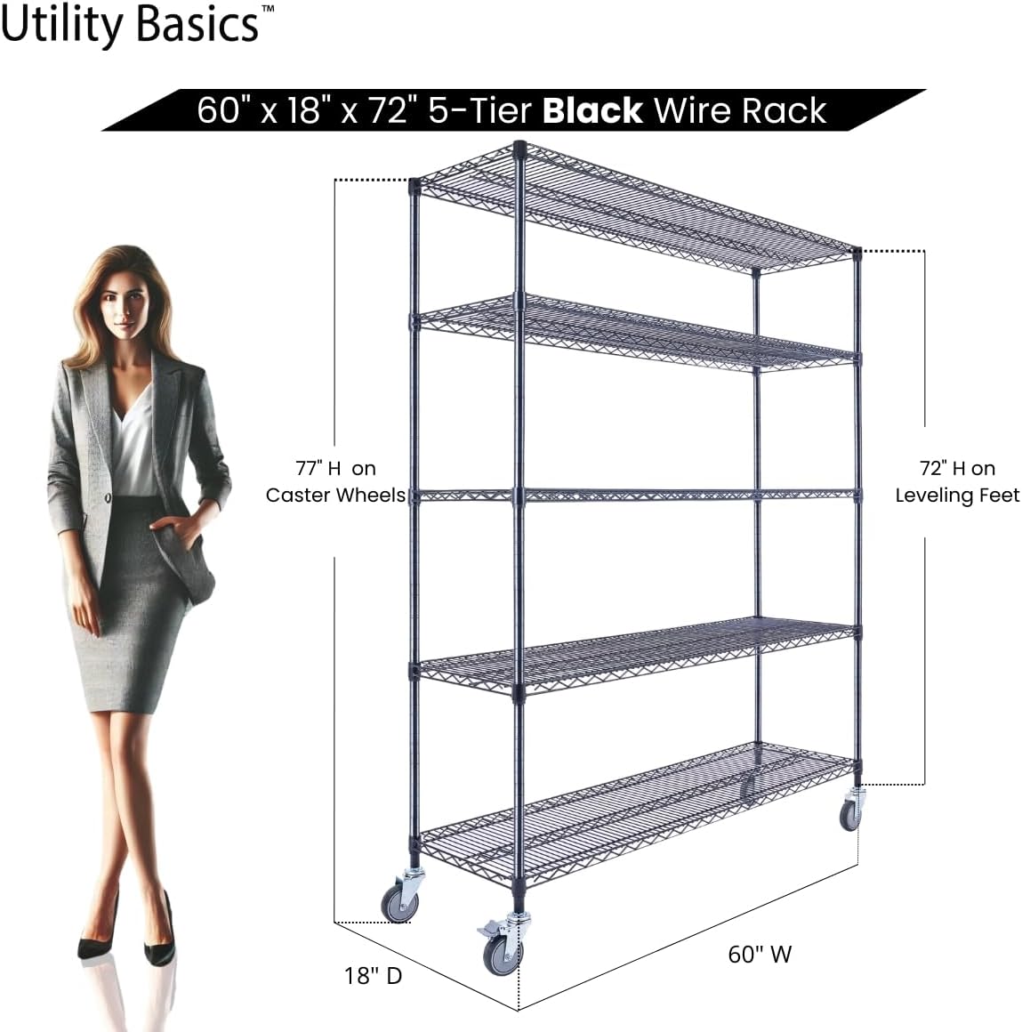 60"x18"x72" Black 5-Tier Premium Wire Shelving NSF 4000 LBS MAX Capacity Heavy Duty Steel Storage Rack for Warehouses, Garages, Hospitals, Commercial Spaces, & Schools w/Premium Wheels - NestledHome