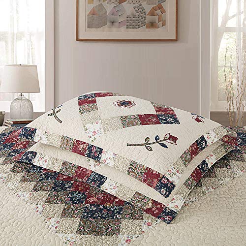 Floral Patchwork Quilt Set Queen Size Authentic Embroidered Stitching Bedspread Coverlet 100% Cotton Beige French Country Reversible Bed Cover Set Soft Breathable Cotton Comforter Cover (3 Piece Set)