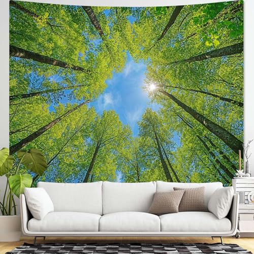 Nature Forest Tree Celling Tapestry Lush Green Treetops Sunlit Tapestry for Bedroom Aesthetic Sky Sunlight Canopy Leaves Landscape Tapestries Wall Hanging for Living Room Dorm Office 90 x 68 Inch