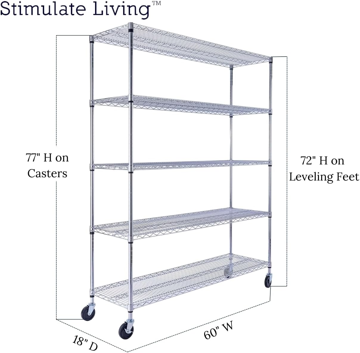 60"x18"x72" PRIME HEAVY DUTY Chrome 5-Tier Wire Shelving 4000 LBS MAX Capacity Storage Rack for Commercial, School, Home, Garage, Warehouse, Industrial, and Hospital Uses (with Wheels) - NestledHome