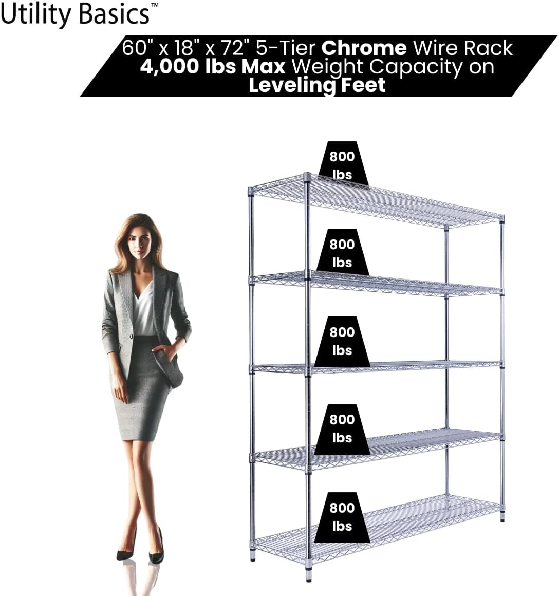 60"x18"x72" Chrome 5-Tier PREMIUM Wire Shelving NSF 4000 LBS MAX CAPACITY Heavy Duty Steel Storage Rack for Warehouses, Garages, Hospitals, Commercial Spaces, & Schools w/PREMIUM WHEELS - NestledHome