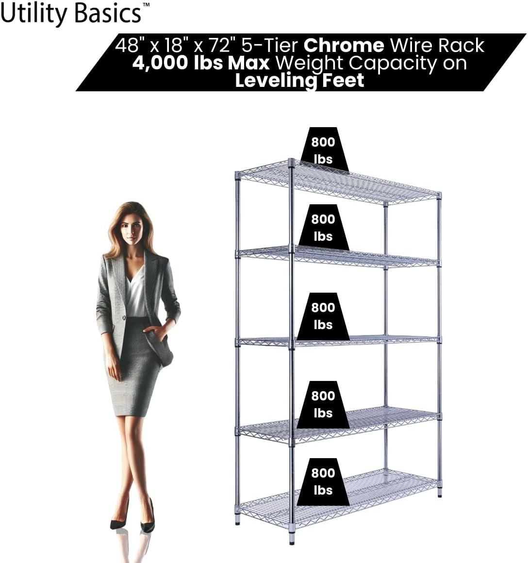 48"x18"x72" Chrome 5-Tier PREMIUM Wire Shelving NSF 4000 LBS MAX CAPACITY Heavy Duty Steel Storage Rack for Warehouses, Garages, Hospitals, Commercial Spaces, & Schools w/PREMIUM WHEELS - NestledHome