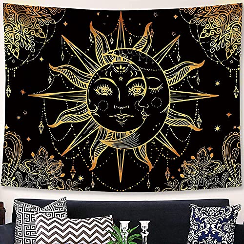 Hippie Sun and Moon Tapestry Bohemian Tapestry Aesthetic Cute Tapestries for Bedroom and Living Room Decor Sun 60×80 Inches
