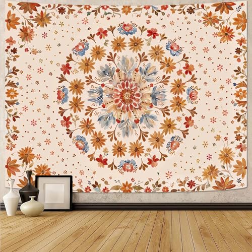 Boho Floral Mandala Tapestry Wall Hanging Watercolor Bohemian Flower Medallion Tapestry Aesthetic Beige Orange Hippie Indian Small Tapestries for Bedroom Living Room Dorm Decor 40 x 30 Inch