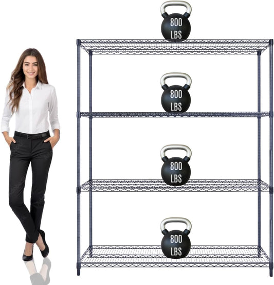 60"x18"x72" Prime Heavy Duty Black 4-Tier Wire Shelving NSF 3200 LBS MAX Capacity Storage Rack for Commercial, Hospital, School, Garage, and Kitchen Uses (with Wheels) - NestledHome