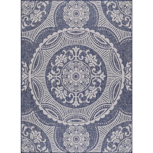 Medallion Outdoor Rug 10x14 Washable Outside Carpet for Indoor Patio Porch Waterproof Easy Cleaning Non Shedding Area Rugs Blue 10 x 14