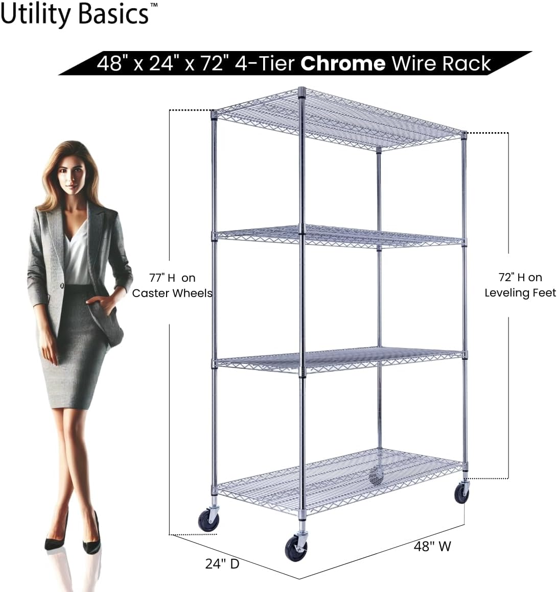 48"x24"x72" Chrome Premium Metal Steel Wire Shelving 4-Tier NSF 3200 LBS MAX Capacity Heavy Duty Storage Rack for Garages, Commercial Spaces, Hospitals, & Schools w/Premium Wheels - NestledHome