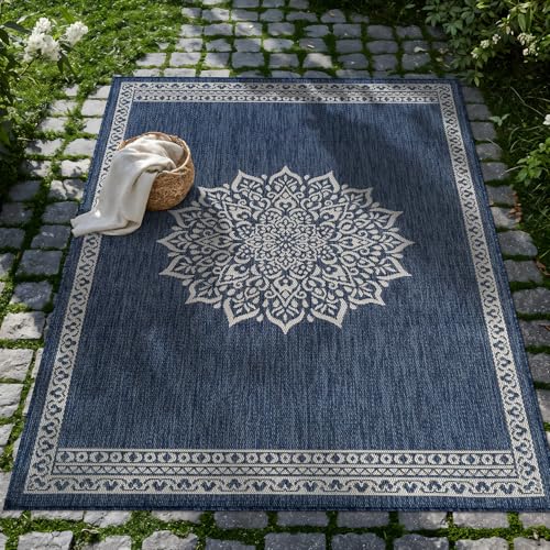 Outdoor Rug 8x10 Medallion Blue Modern Area Rugs for Indoor and Outdoor Patios Kitchen and Hallway Mats Washable Porch Deck Outside Carpet (80 Sq Ft)