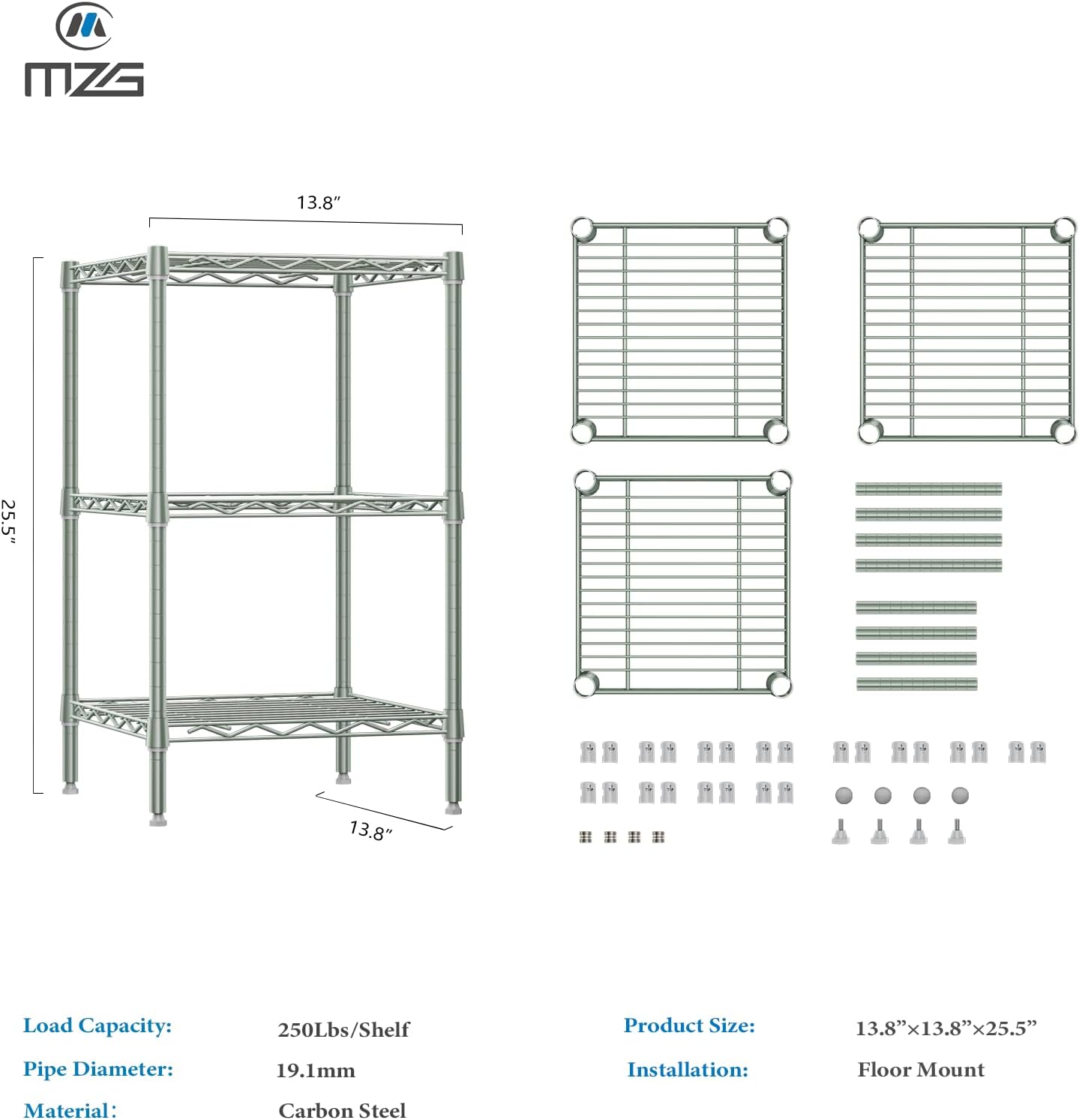 750 lbs 3-Shelf Storage Shelves Wire Shelving Unit Standing Metal Rack for Small Places Narrow Wire Rack for Bathroom, Green 13.8 D x 13.8" W x 25.5" H - NestledHome