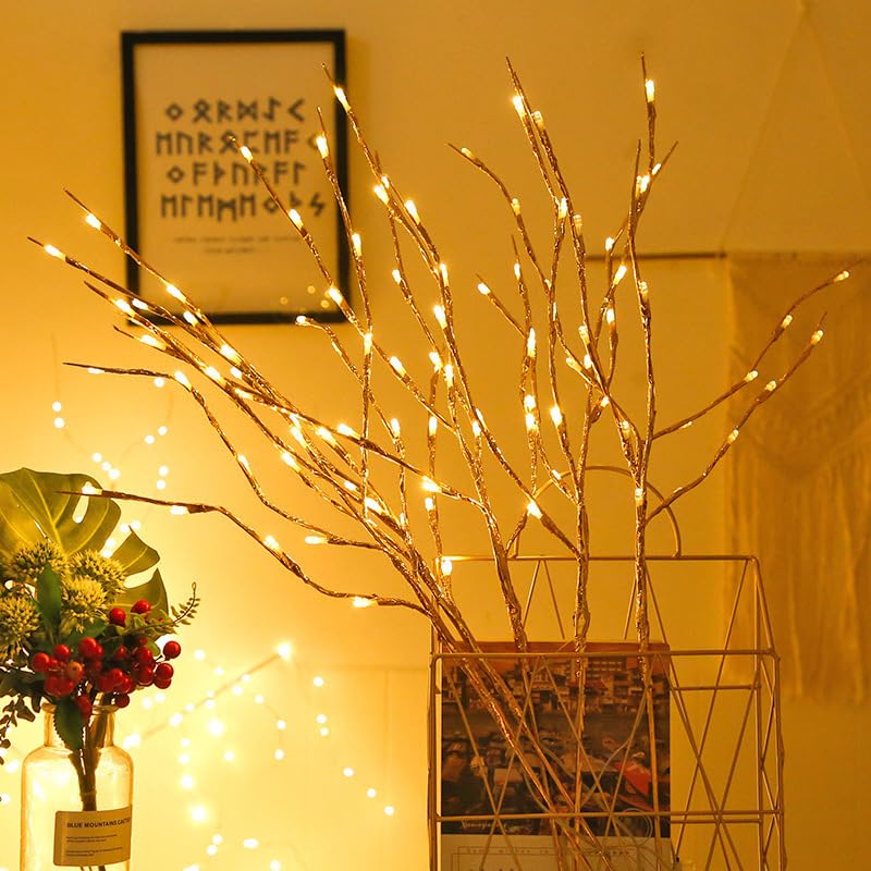 2 Pack Led Branch Light Battery Operated Lighted Branch Vase Filler Willow Tree Artificial Little Twig Power Golden 30 Inch 20 LED for Home Romantic Decoration (2 Count)