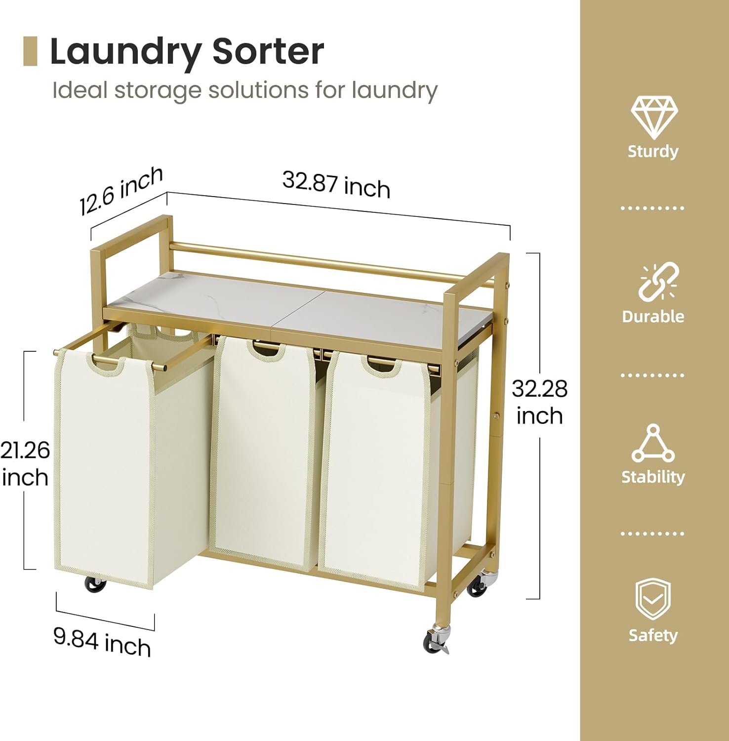 Laundry Hamper, Laundry Basket, Laundry Sorter with 3 Removable Bags, Clothes Basket with 3 Compartments, Wheels, Shelf for Laundry Room Bathroom Bedroom (3 Bags-Golden) - NestledHome