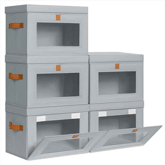 Small Fabric Storage bins - Collapsible Storage Bins with Open Window, 5 Pack Closet Baskets for Shelves, Stackable Decorative Boxes for Home, Dorm, Grey, 13.7"x 9.8" x 9.8"