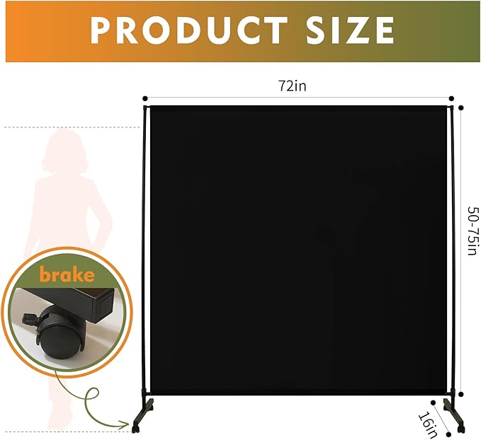 Room Divider Screen 72"x72" with Lockable Caster Wheels, Privacy Panel for Home, Office, or Classroom, Easy to Move and Secure with Brake,Height Adjustable (Black, 72 X 72 Inches)