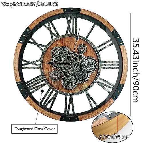 36'' Large Wall Clock Real Moving Gears Oversized Industrial Solid Wood Rusic Farmhouse Clocks for Living Room Wall Decor Home Office
