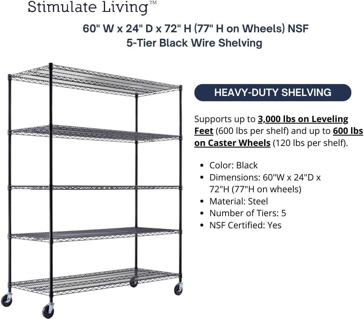 60"x24"x72" PRIME HEAVY DUTY Black 5-Tier Wire Shelving NSF 3000 LBS MAX Capacity Storage Rack for Commercial, School, Home, Garage, Warehouse, Industrial, and Hospital Uses (with Wheels) - NestledHome