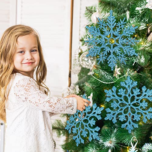6pcs Large Snowflakes Ornaments Blue 12” Big Plastic Glitter Snowflake for Winter Indoor Outdoor Christmas Tree Window Room Decorations Giant Craft Snowflakes (6 Count)