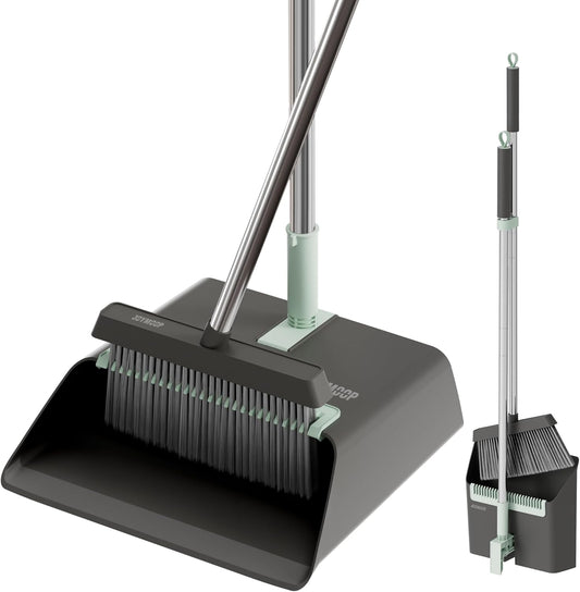 JOYMOOP Black Broom and Dustpan Set with 56” Handle, Upright Angle Design for Pet Hair and Hard Floor Sweeping - NestledHome