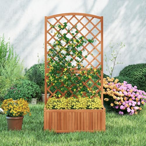 63" Wooden Raised Garden Bed with Trellis & Slat Bottom Base