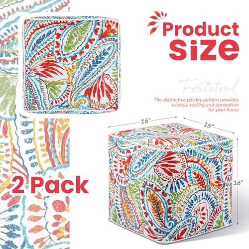 2 Pack Inflatable Outdoor Ottoman Pouf Waterproof Cube 16" Square Blow up Ottoman Footrest with Handle Outdoor Portable Footstool for Patio Garden Camping or Home Pool