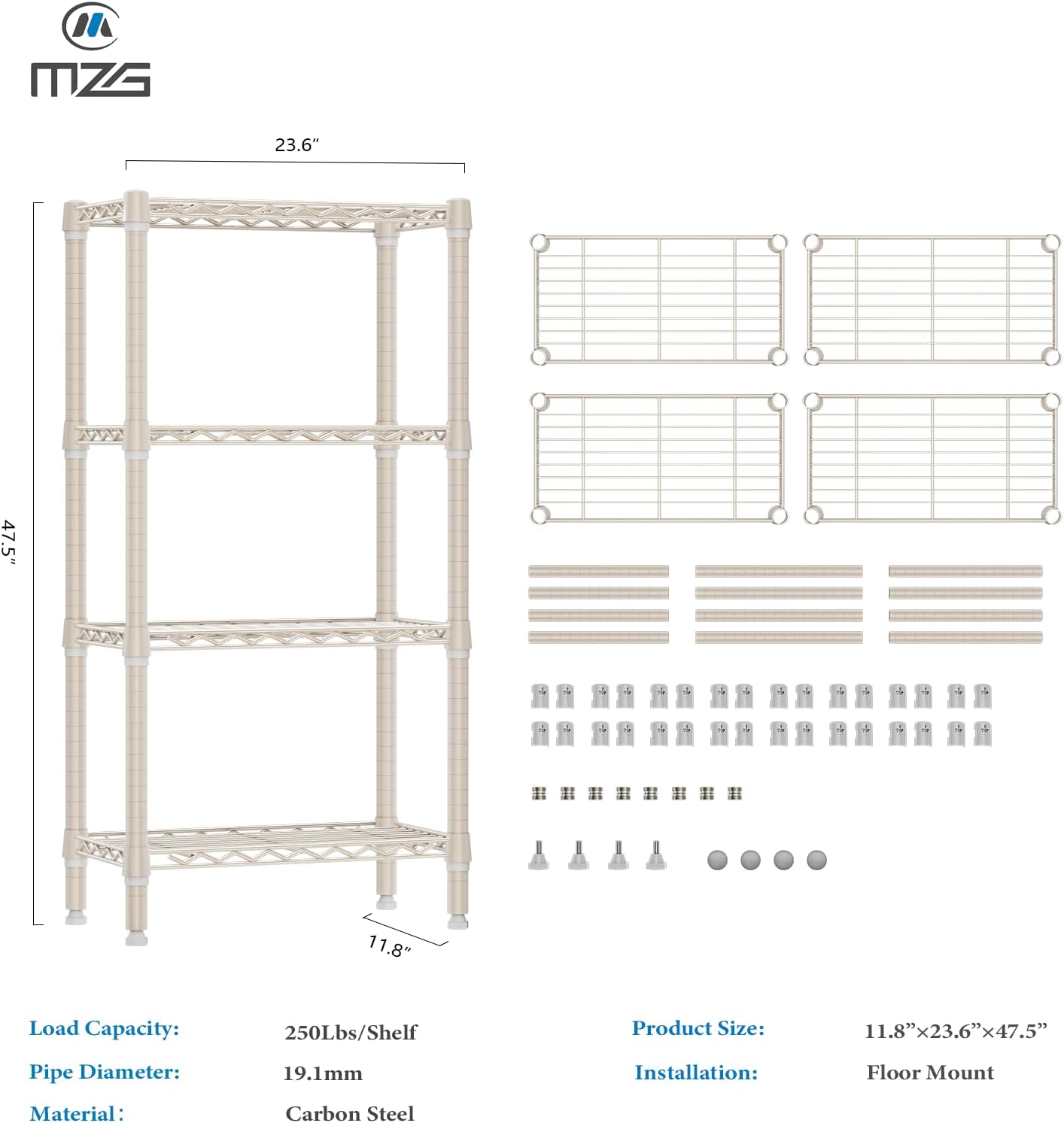 1000 lbs 4-Shelf Standing Storage Shelves Heavy Duty Metal Shelving Unit Adjustable Wire Rack for Office Garage Kitchen, Light Tan 11.8 D x 23.6" W x 47.5" H - NestledHome