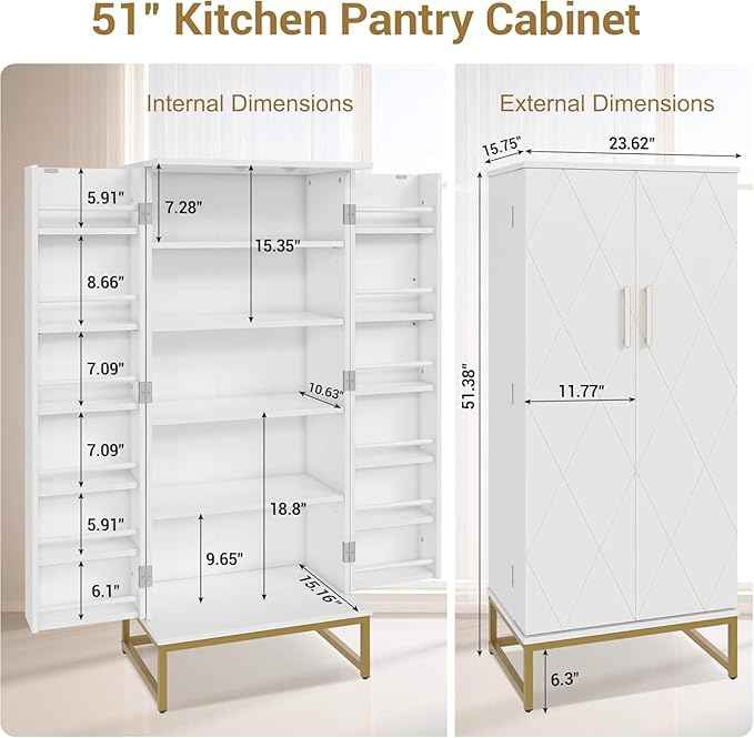 51” Kitchen Pantry Storage Cabinet, White Freestanding Pantry Cabinets with Doors and Adjustable Shelves, Buffet Cupboards Storage Cabinet for Home Office Use, Dinning Room(White + Gold)
