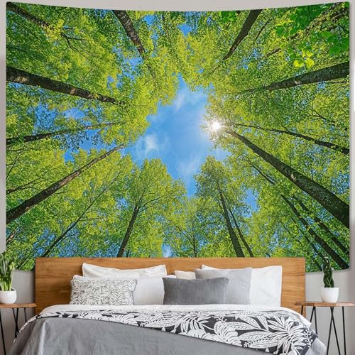 Nature Forest Tree Celling Tapestry Lush Green Treetops Sunlit Tapestry for Bedroom Aesthetic Sky Sunlight Canopy Leaves Landscape Tapestries Wall Hanging for Living Room Dorm Office 90 x 68 Inch