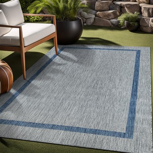 Bordered Outdoor Rug 5x7 Washable Outside Carpet for Indoor Patio Porch Waterproof Easy Cleaning Non Shedding Area Rugs Silver Gray
