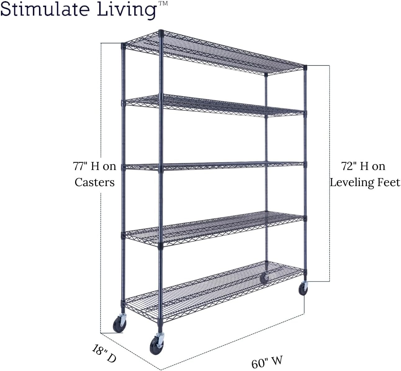 60"x18"x72" Prime Heavy Duty Black 5-Tier Wire Shelving NSF 4000 LBS MAX Capacity Storage Rack for Commercial, Hospital, School, Garage, and Kitchen Uses (with Wheels) - NestledHome