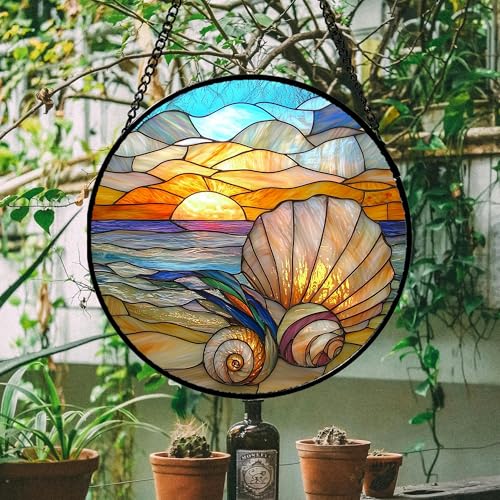 Ocean Stained Glass Window Hanging Suncatcher Beach Gifts for Women 6.3"