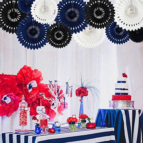 Honeycomb Round Paper Fans Black Blue White Hanging Party Decor (11 Count)