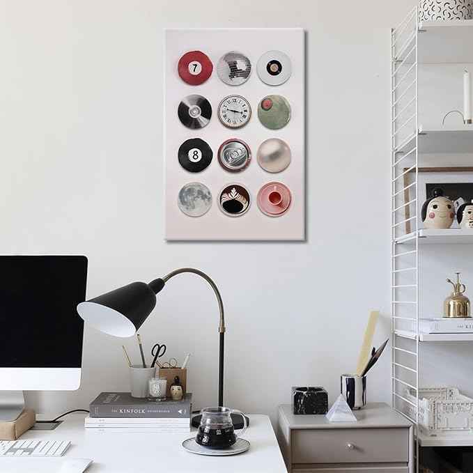 Colorful Vintage Disco Ball Canvas Wall Art, Retro 8 Lucky 7 Ball Poster, Trendy Music Record Painting, Funky Aesthetic Moon Coffee Cup Prints for Apartment Dorm Decor 12X16In Framed
