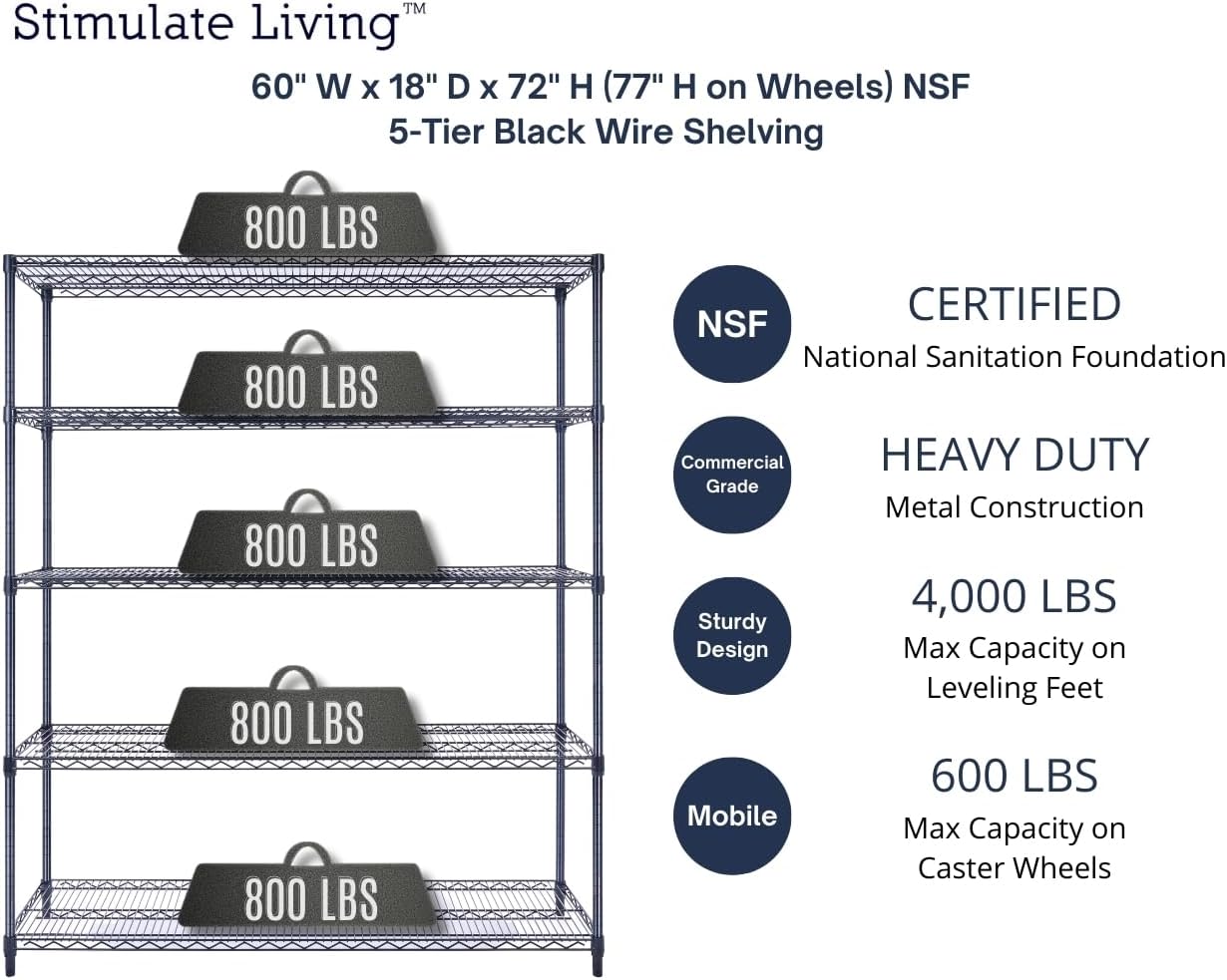 60"x18"x72" Prime Heavy Duty Black 5-Tier Wire Shelving NSF 4000 LBS MAX Capacity Storage Rack for Commercial, Hospital, School, Garage, and Kitchen Uses (with Wheels) - NestledHome