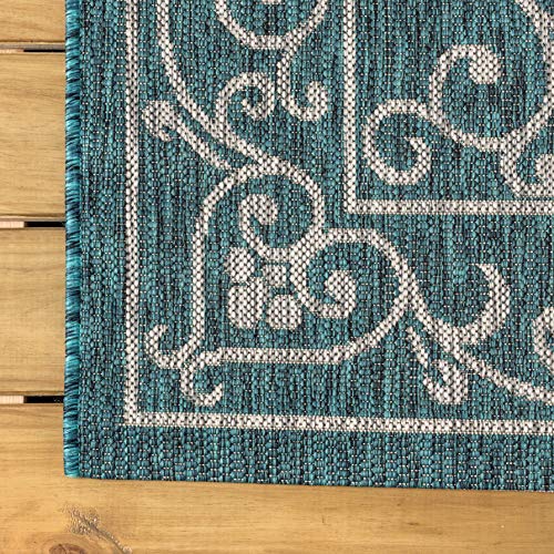 Vintage Filigree Indoor Outdoor Round Area Rug 8 Ft Teal