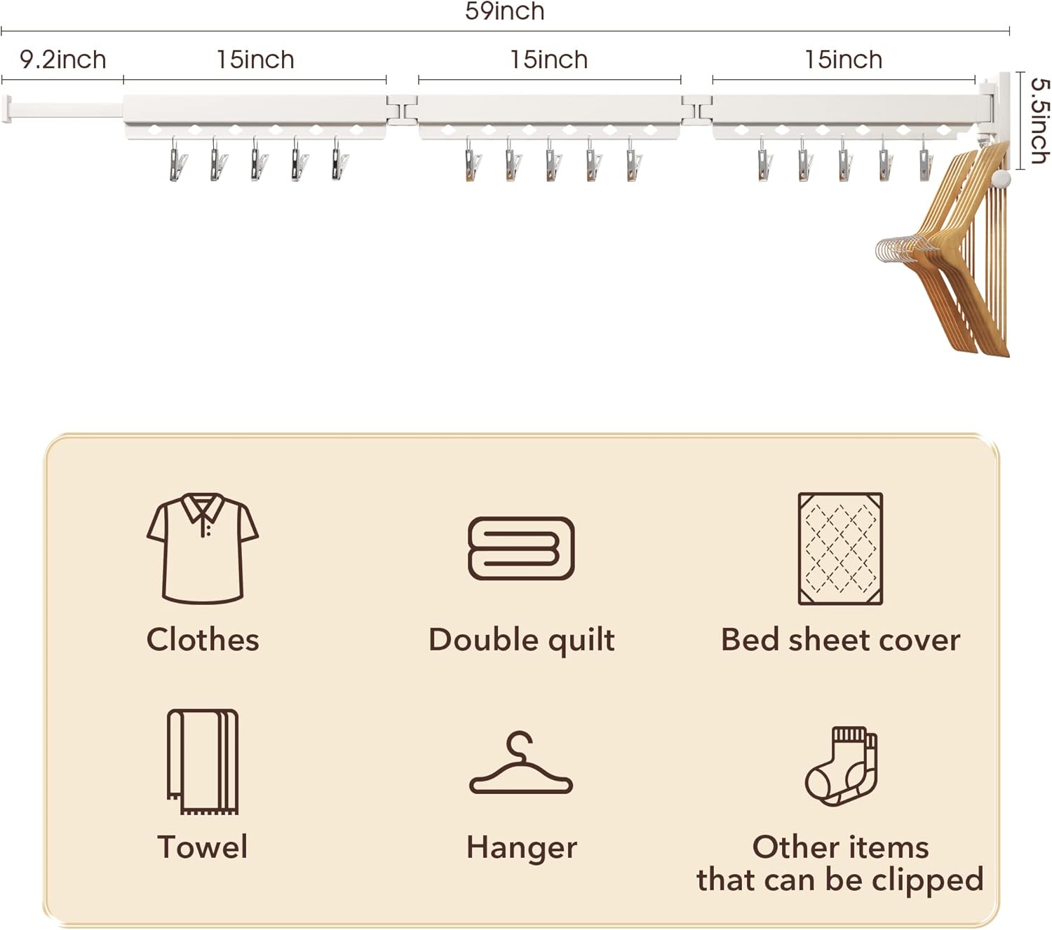 Wall Mounted Clothes Hanger,Clothes Drying Rack,Laundry Rack Wall Mount,Drying Rack Clothing,Clothes Rack Retractable,Collapsible(Tri-Fold), with Windproof Holes & Clips,White Color - NestledHome