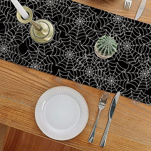 Halloween Table Runner Spider Web Black Linen Table Runners for Seasonal Holidays Indoor Outdoor Kitchen Dining Party Home Decor 13 x 36 Inch (3 Sq Ft)