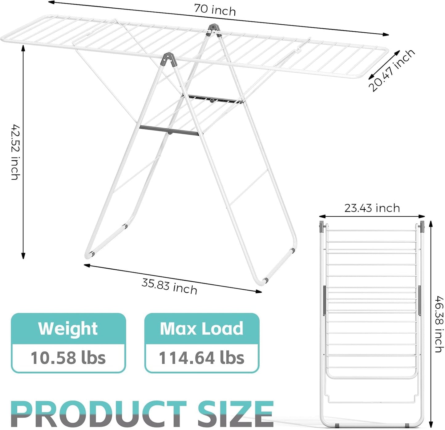 APEXCHASER Clothes Drying Rack, Oversized Drying Rack Clothing with Height-Adjustable, Foldable Gullwings Metal Laundry Rack, Indoor Outdoor Use, No Assembly, White - NestledHome