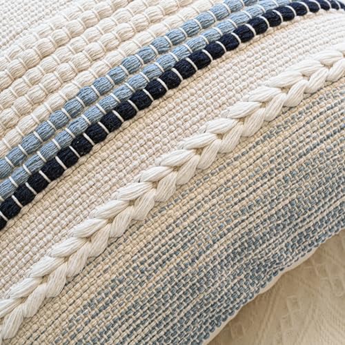 Coastal Blue Boho Decorative Throw Pillow Cover 22x22 Modern Bohemian Accent Pillow Case Square Woven Textured Farmhouse Pillows for Couch Bed